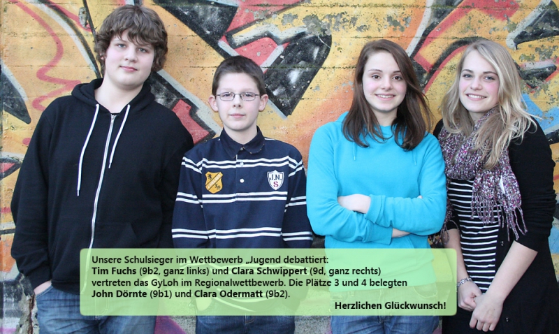 Unsere Sieger im Wettbeweb "Jugend debattiert": v.l.n.r.: Tim Fuchs, John Dörnte, Clara Odermatt, Clara Schwippert.